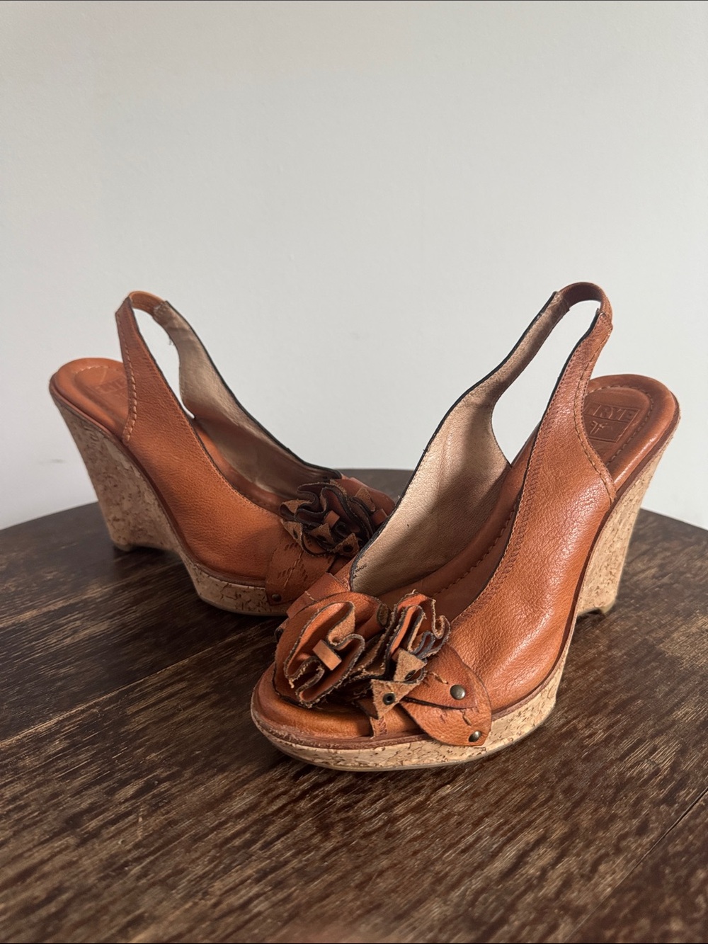 Frye Tan Leather Floral Slingback Cork Wedges